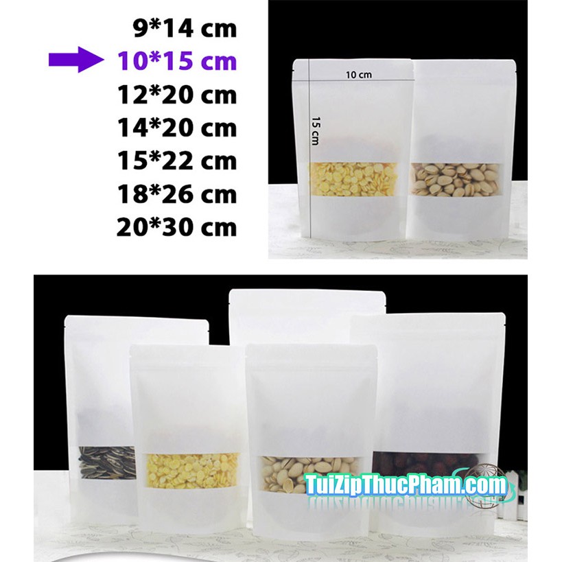 100 cái túi zip giấy kraft trắng 10x15cm có cửa sổ phủ PET CPP 2 mặt chuyên đựng thực phẩm