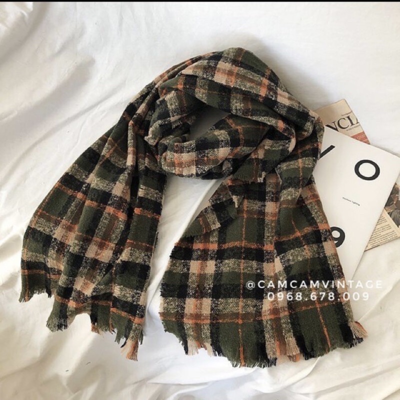 Khăn quàng cổ nam nữ choàng cổ lông thỏ caro vintage, mềm mịn dày cực ấm Beo Chan
