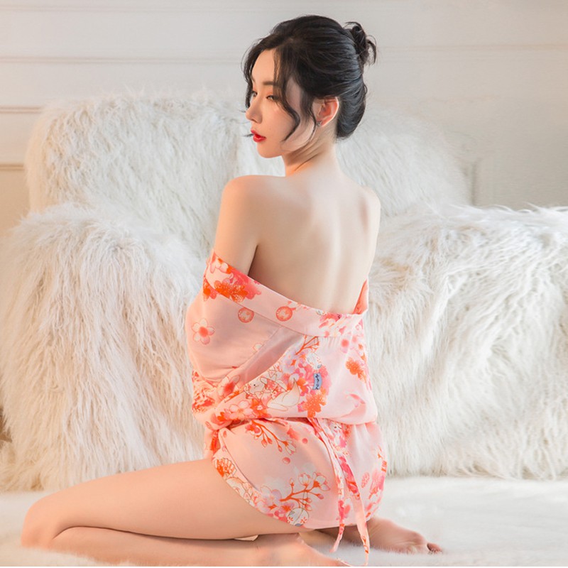 Váy ngủ kimono hoa anh đào Lyly 5030 áo choàng có đai bụng vải voan mịn mát