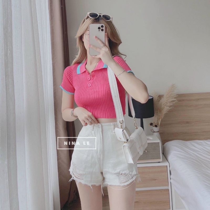 ÁO croptop cổ sơ mi VIỀN MC đơn giản nhẹ nhàng nữ - Thiên Yết
