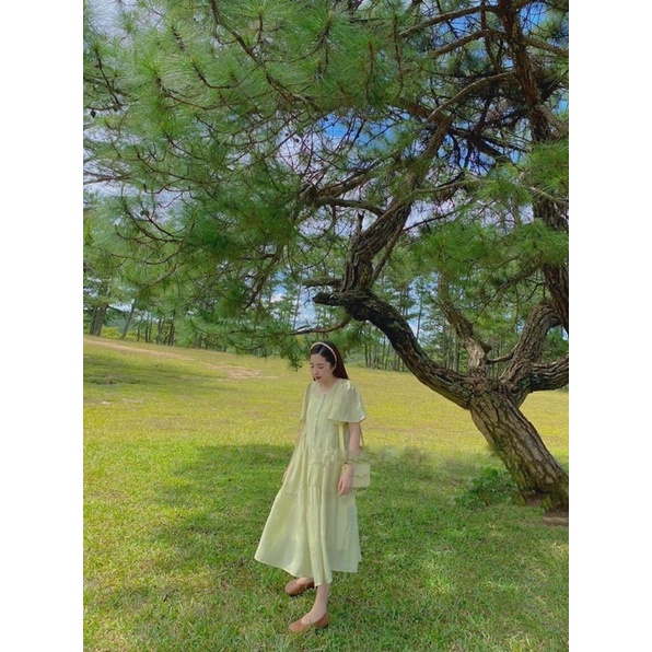 Váy đũi xanh cốm bèo tầng siêu hot hit bầu bí bon chen thoả mái