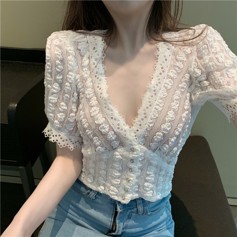 Áo Kiểu Tay Ngắn Cổ Chữ V Phối Ren Hoa Thiết Kế Hợp Thời Trang