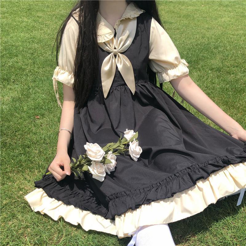 Đầm Lolita Hai Lớp Eo Cao Cổ Búp Bê Đính Nơ Ngọt Ngào Phong Cách Nhật Bản Dành Cho Nữ