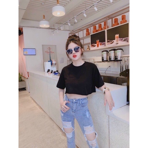 Áo croptop nữ cổ tròn tay ngắn form rộng / Croptop cổ tròn dáng buông / Áo crt nữ phong cách Hàn Quốc
