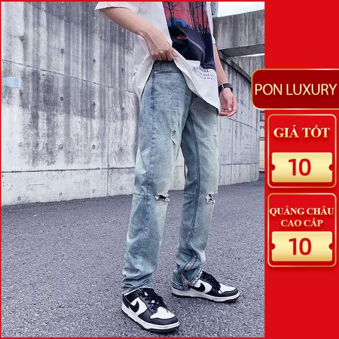 Quần jean ống suông nam khóa zip co giãn ống rách gối màu xanh bạc nhạt đẹp mới hà nội hcm Ponluxury