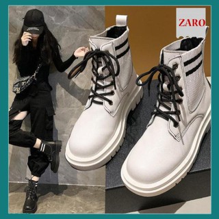 Giày bốt cổ thấp Martin cho nữ, boots cổ thấp có dây màu đen cổ tròn phối len