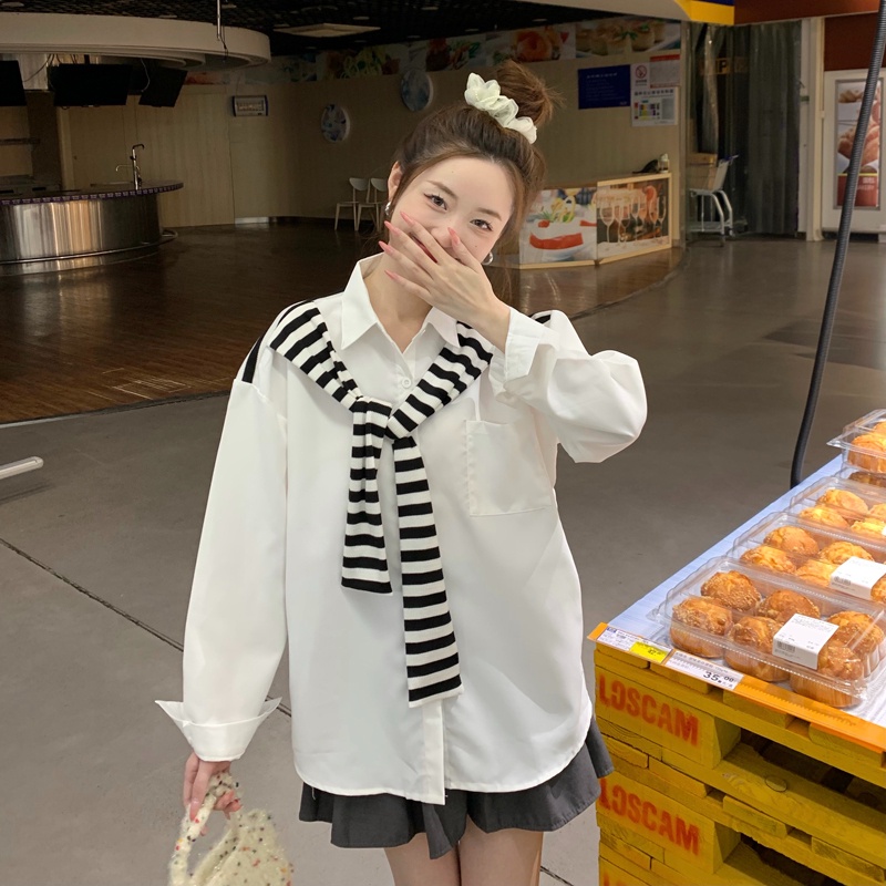 ZHELIHANGFEI Áo Sơ Mi Tay Dài Giả Hai Lớp Họa Tiết Kẻ Sọc Thời Trang Dễ Phối Đồ Cho Nữ
