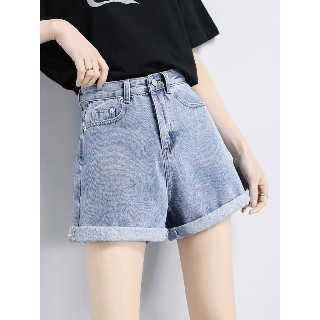 Quần đùi nữ BigSize lưng cao trên rốn, co dãn mạnh, xăn lai, màu xanh nhạt rách kiểu dành cho người 69kg~90kg 3868