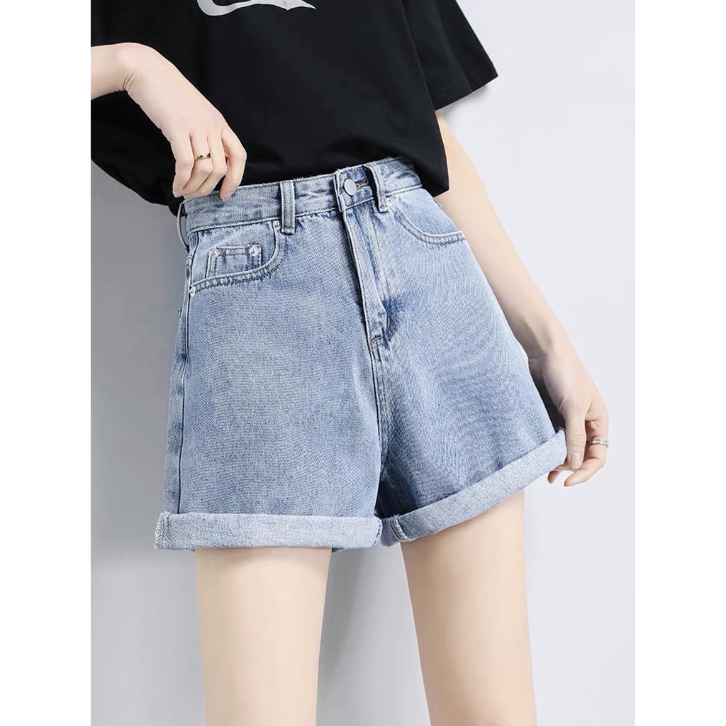 Quần short jean nữ BigSize lưng cao trên rốn, co dãn mạnh, xăn lai, màu xanh nhạt rách kiểu dành cho người mập 3868