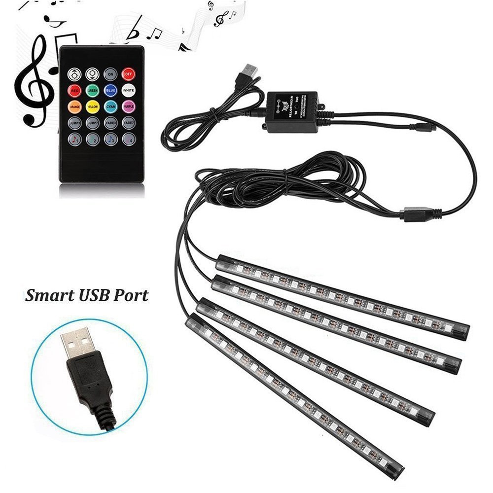 Đèn bầu không khí xe LED 4PCS 12V 5V 5050 USB RGB đèn neon đèn nội thất màu điều khiển âm thanh đèn nhịp điệu âm nhạc