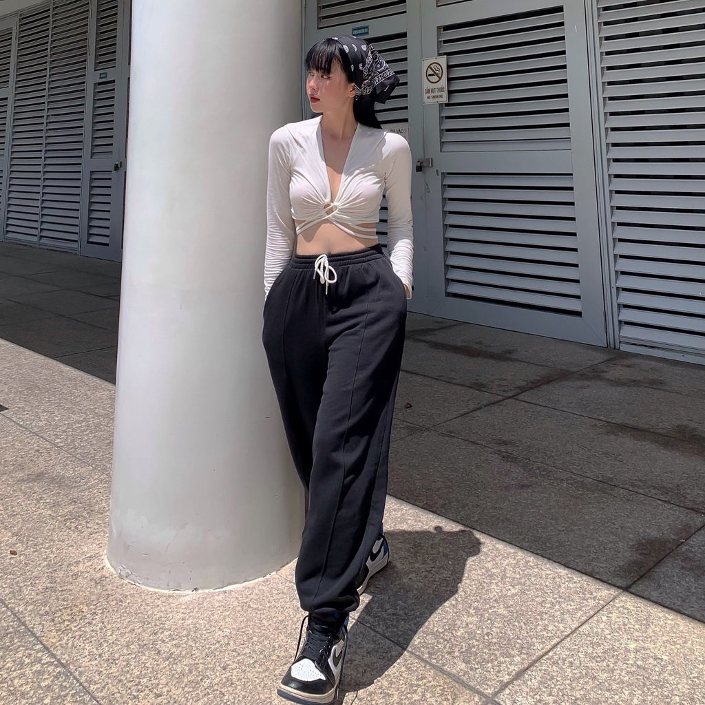 Áo croptop nữ body dài tay TOPTIFY thun lụa dẻo kiểu rút ngực đan chéo Forever Mine Top AC202
