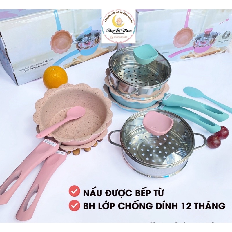 Bộ Nồi Chảo Cho Bé Ăn Dặm, Nồi Chảo Nấu Quấy Hình Hoa Cao Cấp, Men Đá Chống Dính, Kèm Xửng Hấp