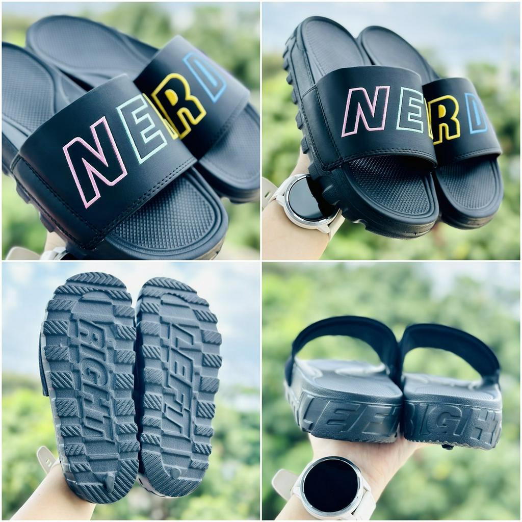Dép nerrdy dép nerdy quai ngang nam nữ đế cao 4cm chữ thiêu nổi 7 màu có tem mác màu đen ❤️FREESHIP + HỘP hãng❤️
