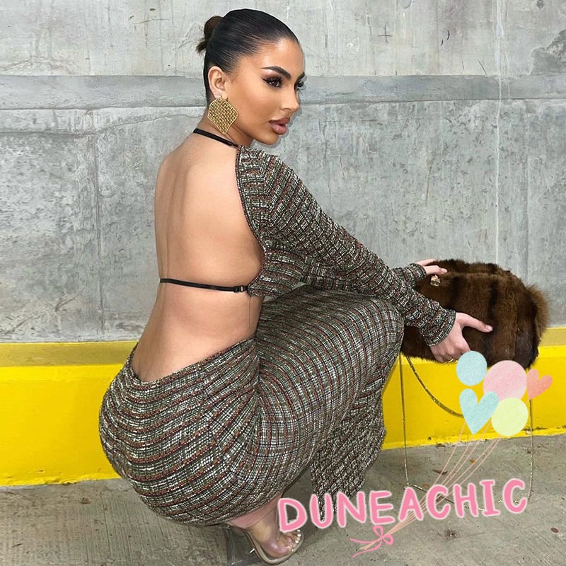 DUNEA Set Áo Thun Lửng Tay Dài Hở Lưng 2 Dây + Chân Váy Dài Thời Trang Nữ