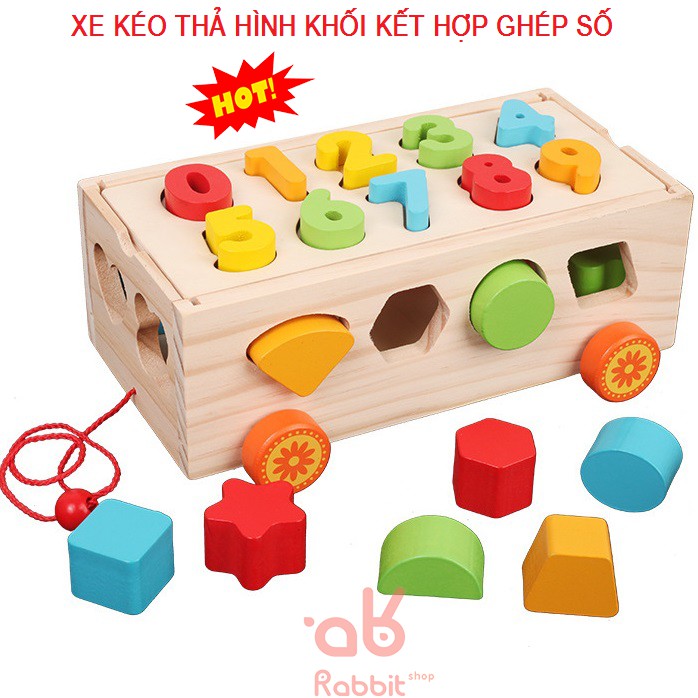 Đồ chơi gỗ thông minh Xe kéo thả hình khối kết hợp ghép số