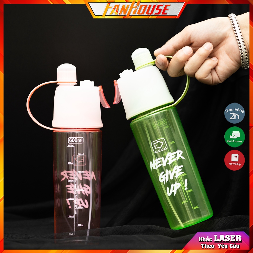 Bình nước thể thao xịt khoáng FanHouse bình nước đa năng Never Give Up 600ml chia vạch ml phun sương làm mát