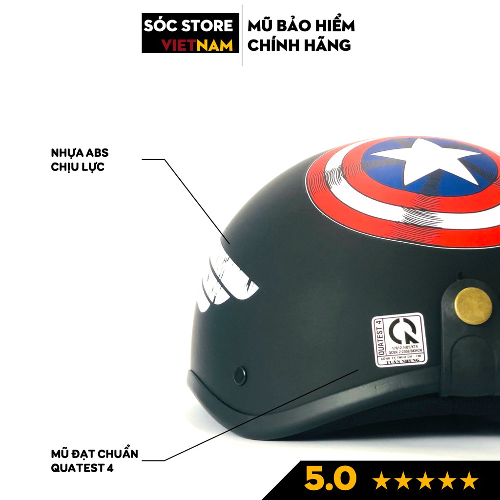 Mũ bảo hiểm nửa đầu chính hãng in hình Captain America Sóc Store, nón bảo hiểm nam nữ, kèm kính UV, kính phi công