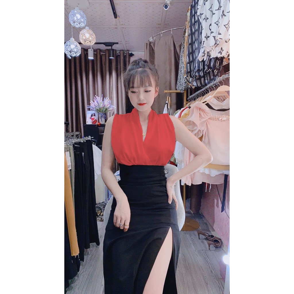 Set áo lụa mix  chân váy bút chì xẻ tà cao cấp