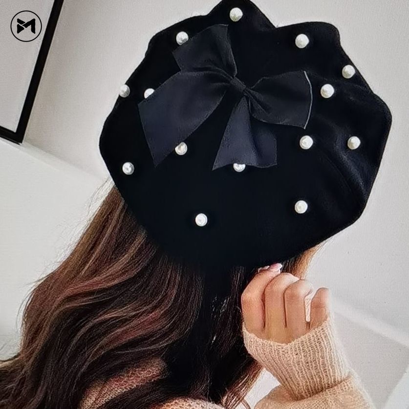 Mũ Beret Len Đính Nơ Ngọc Trai Dễ Thương Phong Cách Lolita Nhật Bản