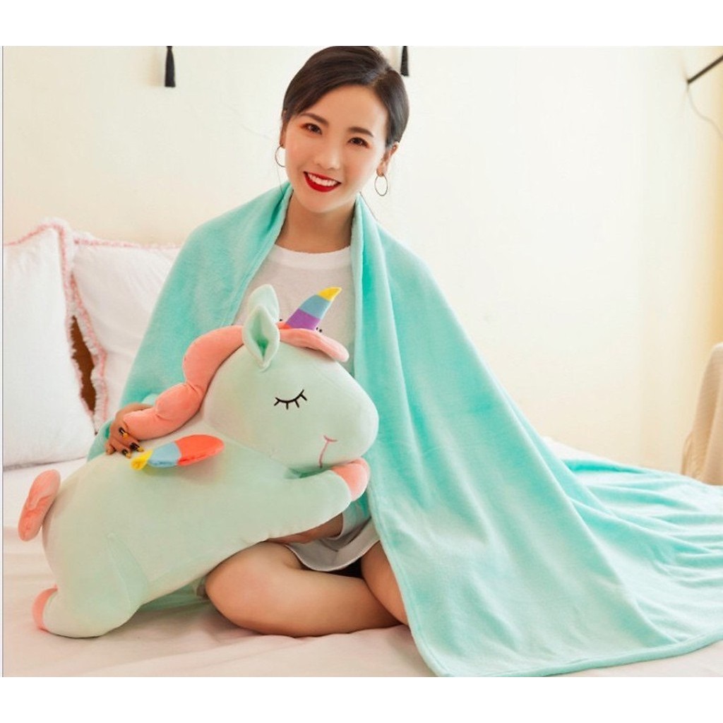 Chăn Gối Văn Phòng - Gấu Bông Unicorn Kỳ Lân Ngựa Pony Một Sừng Kèm Chăn 2 Trong 1 - Vải Nhung Cao Cấp - Yuta Home