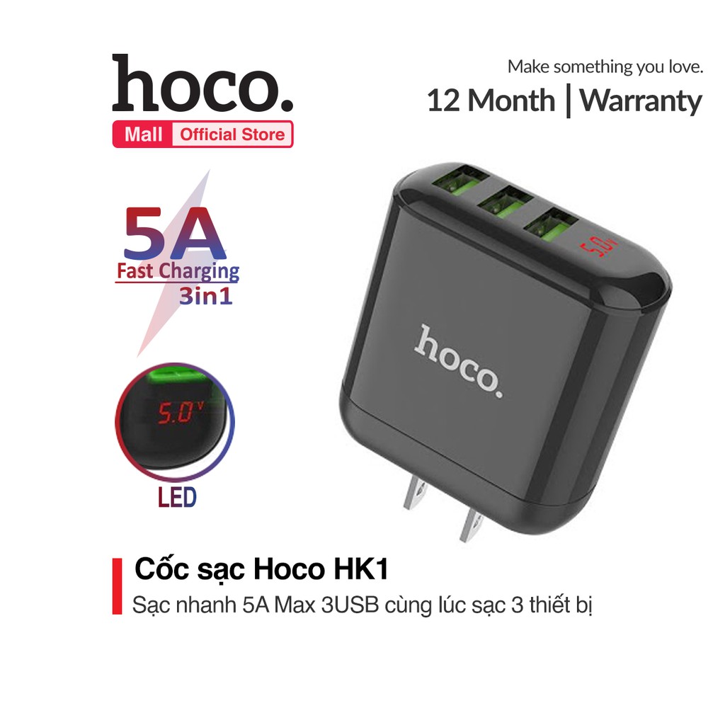 Củ sạc Hoco HK1 Sạc Cùng lúc 3 cổng USB Fast Charging 5V/5A Max Cho Smart phone - Table