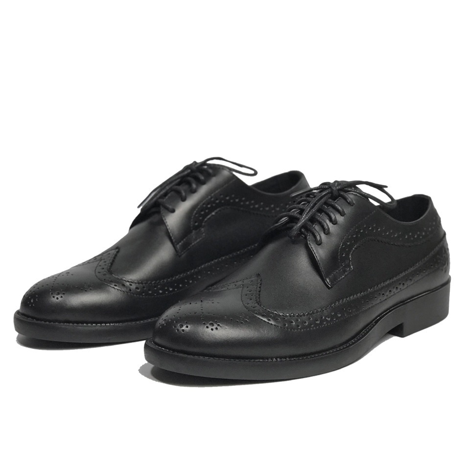 Giày da nam Derby Wingtip màu đen, kiểu dáng trang trọng, đế cao su đúc khâu chắc chắn