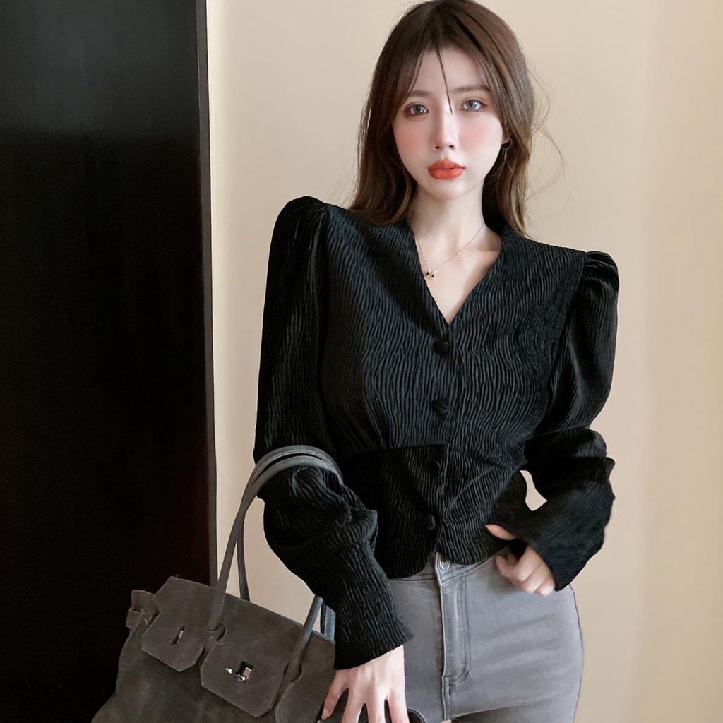 Áo kiểu cổ chữ V phong cách cổ điển tay phồng dài thời trang thu đông dành cho nữ