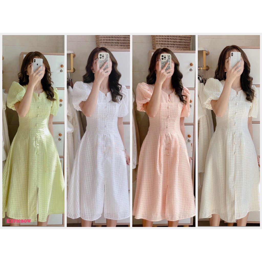 Đầm dạo phố cổ tròn tay bồng chất vải ô vuông 2 lớp dầy dặn - HANI Dress