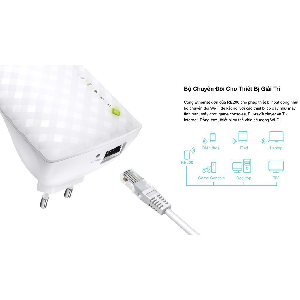 Bộ kích sóng wifi Tplink RE200 băng tần kép AC750 giúp tăng tốc độ kết nối. Chính hãng, BH 24 tháng