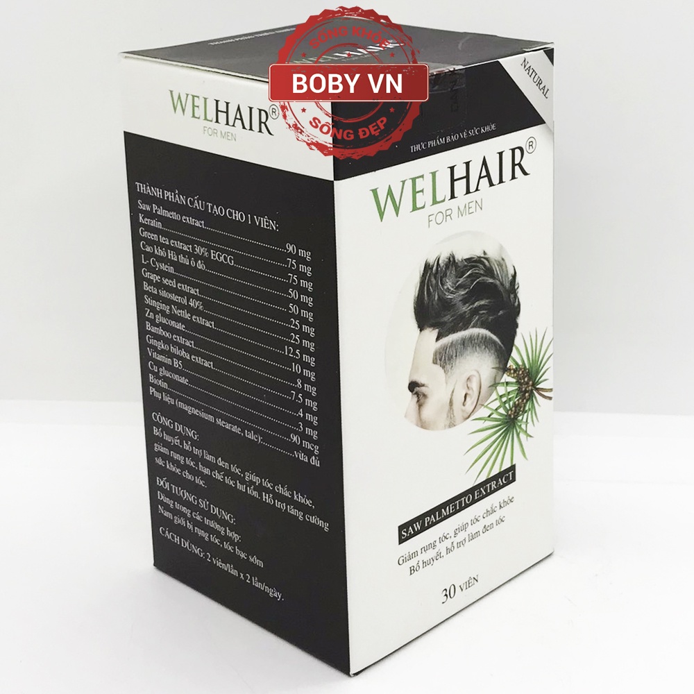 Welhair for men làm đen tóc, ít bạc tóc, giảm rụng tóc, giúp tóc chắc khỏe - Hộp 30 viên - Boby