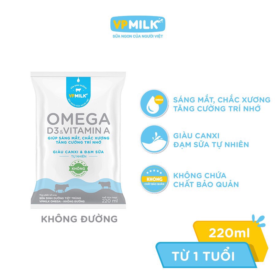 Thùng 48 bịch Sữa Dinh Dưỡng Tiệt Trùng VPMilk Omega Không Đường 220ml