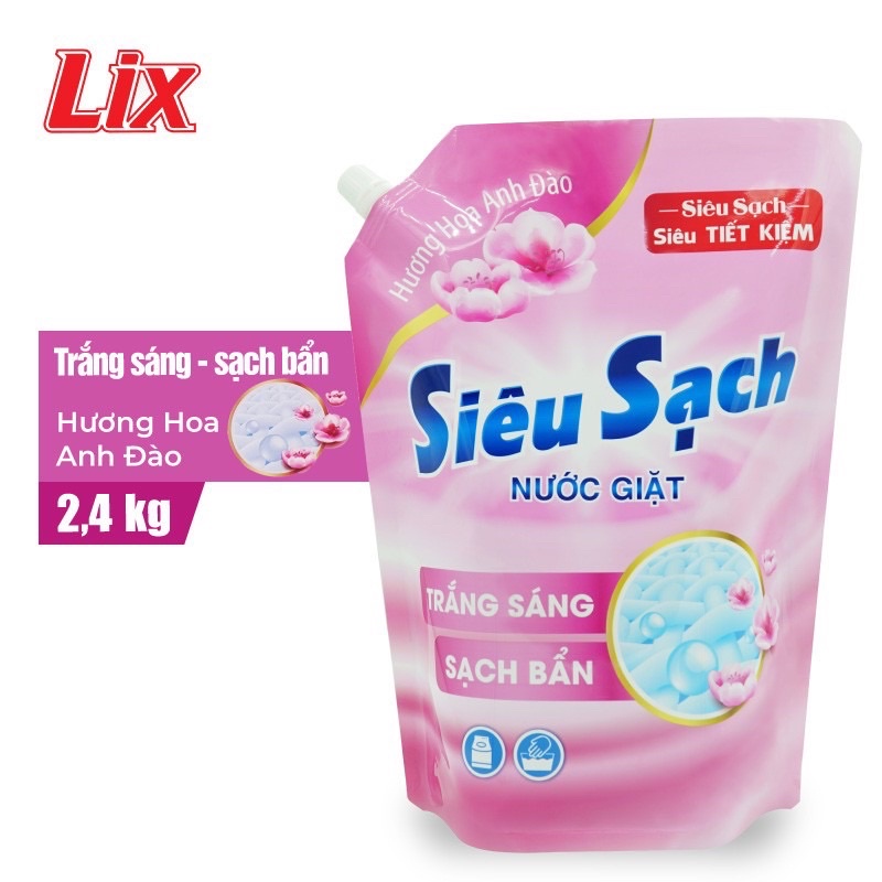 Nước giặt Lix Siêu sạch Hương Hoa Anh Đào Túi 2.4Kg - Tẩy Sạch Cực Mạnh Mọi Vết Bẩn