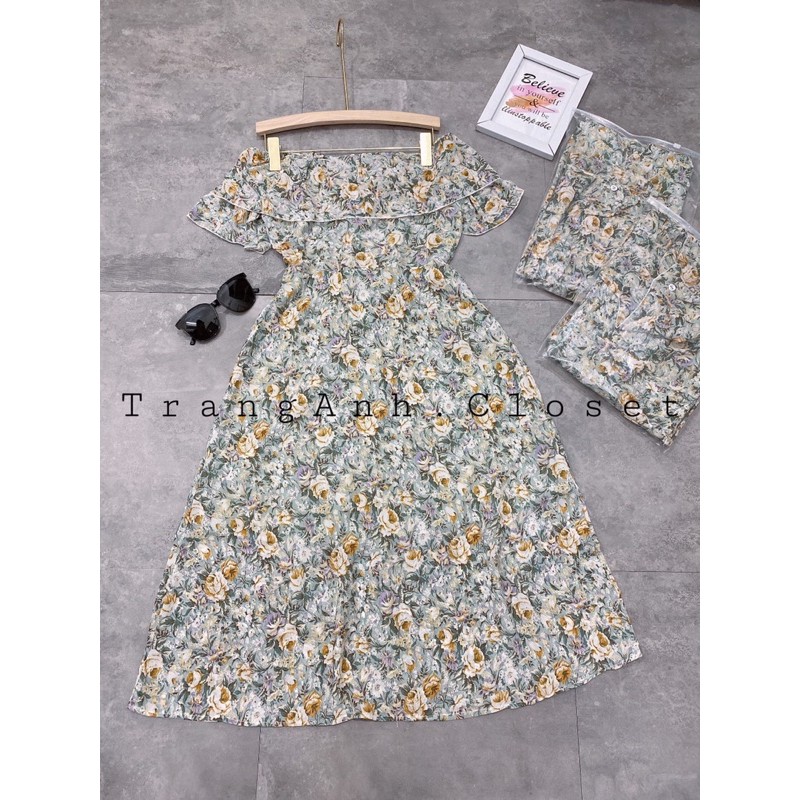 [Ảnh thật + video] Maxi trễ vai hoa nhí xanh siêu xinh | BigBuy360 - bigbuy360.vn