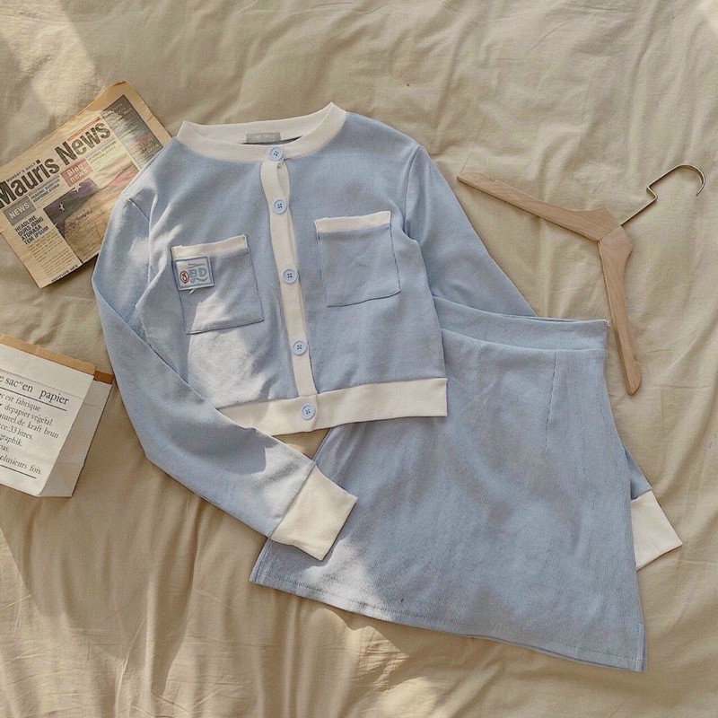 SET CROP XANH POLO VIỀN TRẮNG + CHÂN VÁY