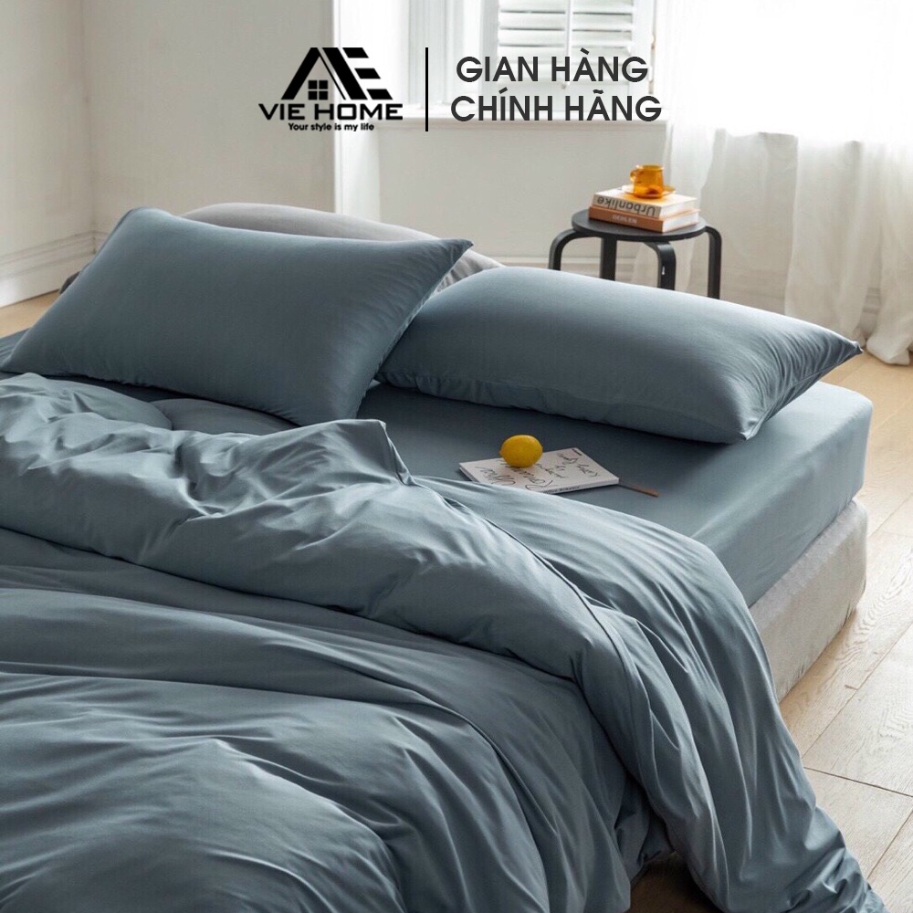 Bộ chăn ga gối cotton tici VIE HOME cotton đũi phong cách hàn quốc trơn màu đẹp