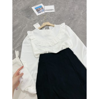 Set áo sơ mi cổ nơ mix chân váy