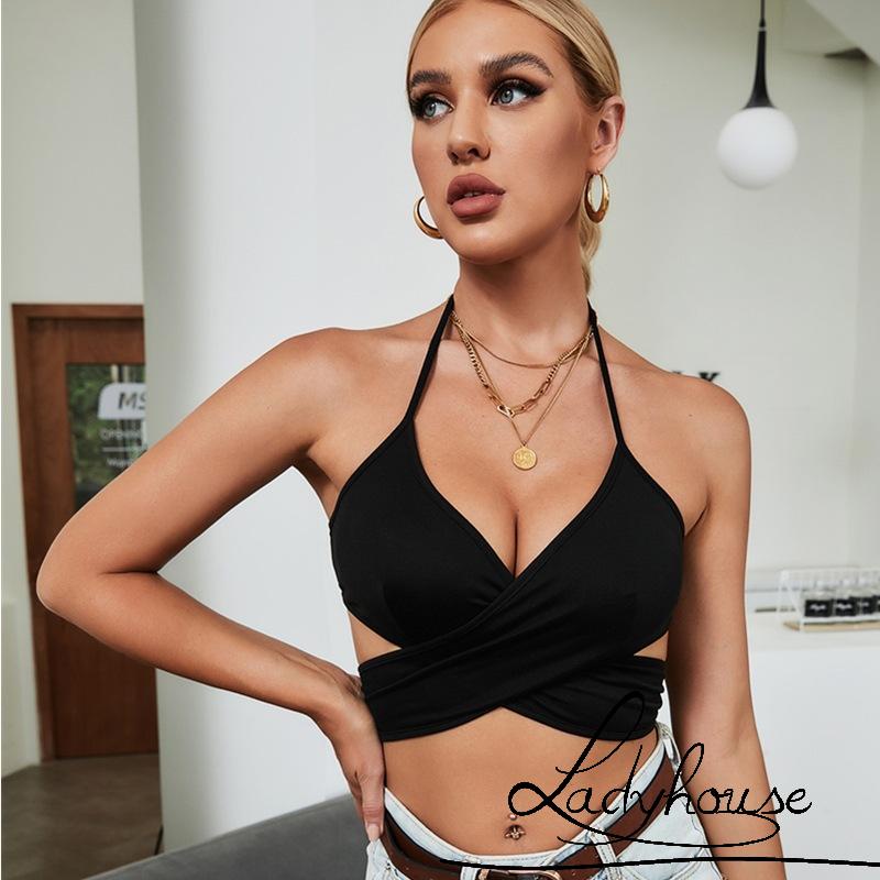 LD-Women´s Halter Crop Tops, Sleeveless Deep V Neck Solid Color Tie Knot Back Wrap Cami Tops