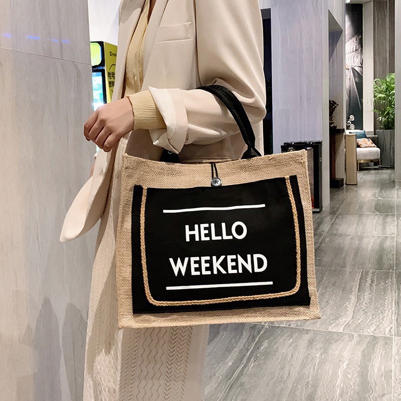 Túi cói vintage size to xách tay đi biển NỮ vải bố Hàn Quốc thời trang giá rẻ Herbagstore HELLO Weekend
