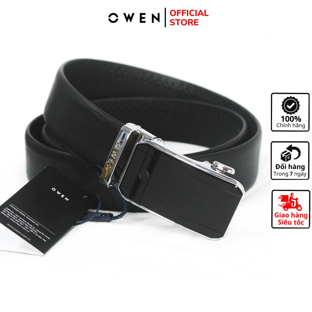 Thắt lưng da bò nam cao cấp OWEN BELT220597 dây nịt da thật màu đen mặt hợp kim đúc nguyên khối khóa trượt tự động