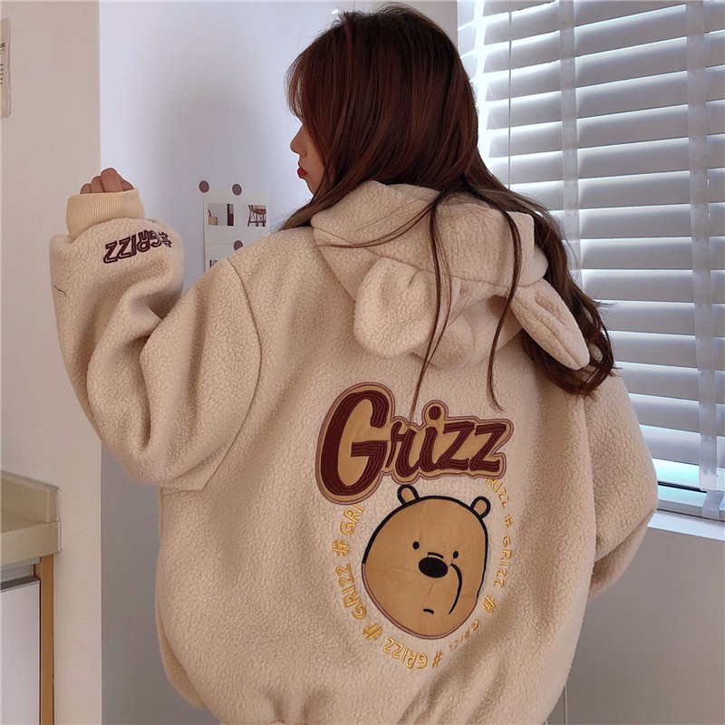 Áo khoác bông màu kem tai gấu Grizz siêu dễ thương hàn xẻng |HÌNH THẬT Ở CUỐI|