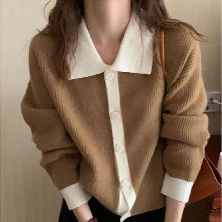 Áo Khoác Cardigan Dệt Kim Dáng Rộng Màu Sắc Tương Phản Phong Cách Retro Dành Cho Nữ