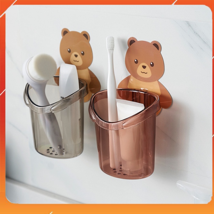 Cốc Gấu Dán Tường Loại Xịn Nhựa Cứng Có Hộp-Ly Dán Tường Đựng Kem Đánh Răng,Bàn Chải Đánh Răng