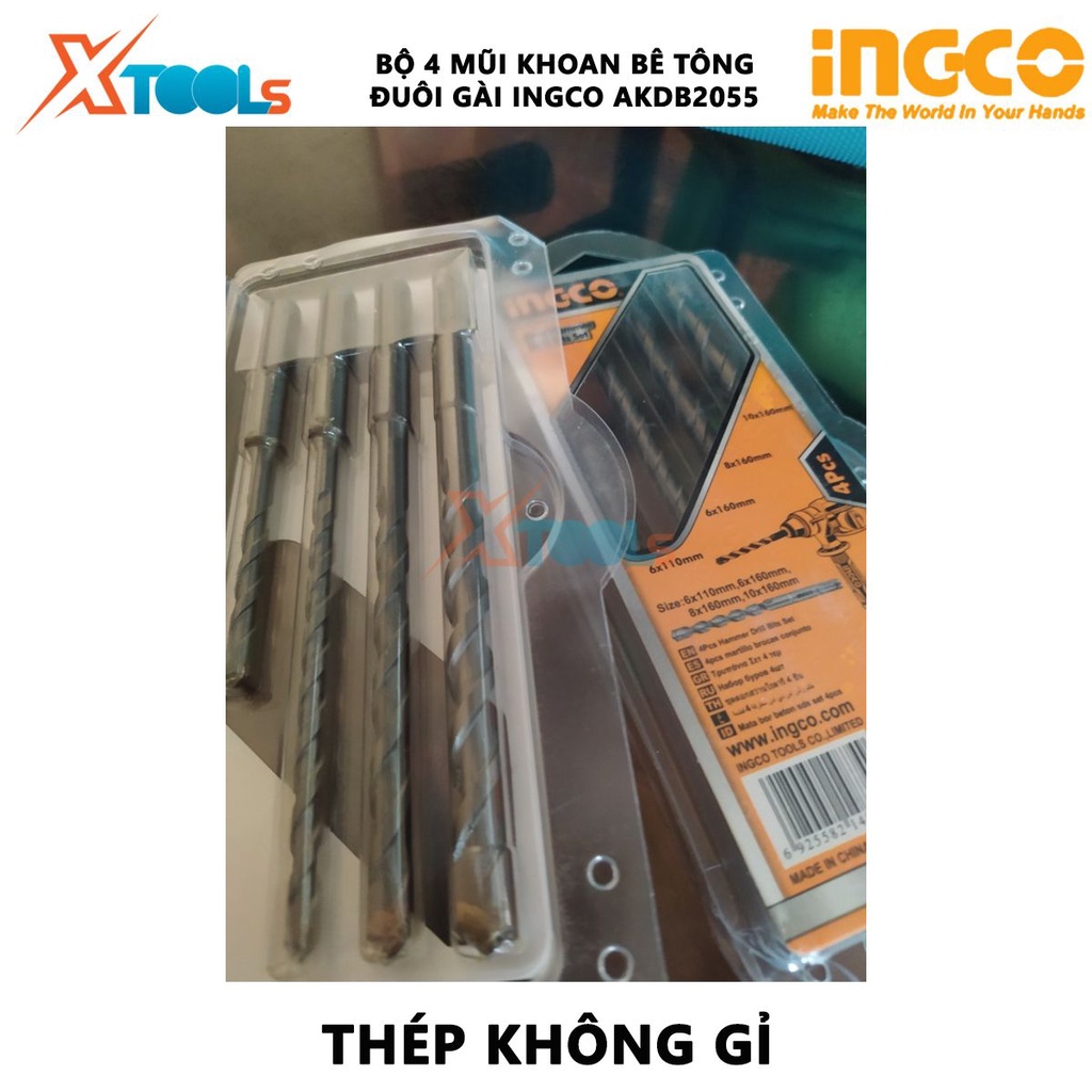 Bộ 4 mũi khoan bê tông đuôi gài INGCO AKDB2055 Bộ mũi khoan bê tông đuôi gài 4 chi tiết Kích thước: 6 * 110, 6 * 160, 8