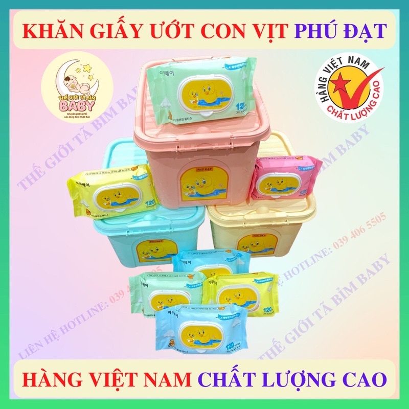 [Tặng thùng] 10 gói khăn giấy ướt Phú Đạt ko mùi, ko hóa chất,tặng kèm thùng nhựa siêu dễ thương/an toàn cho da bé