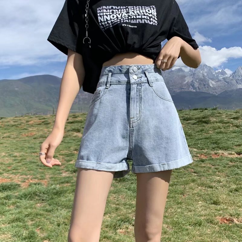 Quần Short Denim Lưng Cao Cỡ Lớn Thời Trang Mùa Hè Hàn Quốc Cho Nữ