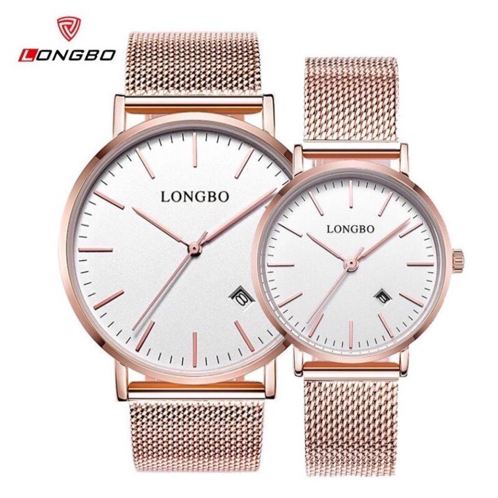Đồng hồ đôi LongBo dây lụa màu bạc có lịch chống nước chính hãng