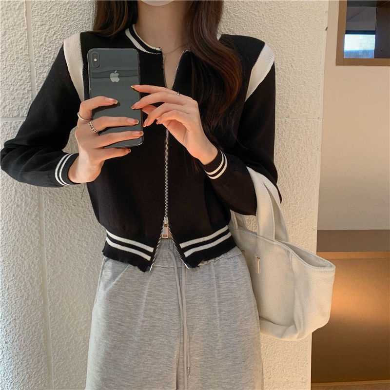 Áo khoác cardigan dài tay phối khóa kéo màu sắc tương phản phong cách Hàn Quốc