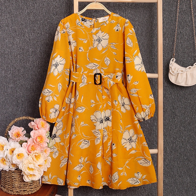 Đầm chữ A tay dài SIYYIS in họa tiết hoa màu trắng phong cách mùa hè thời trang cho bé gái 5-12 tuổi
