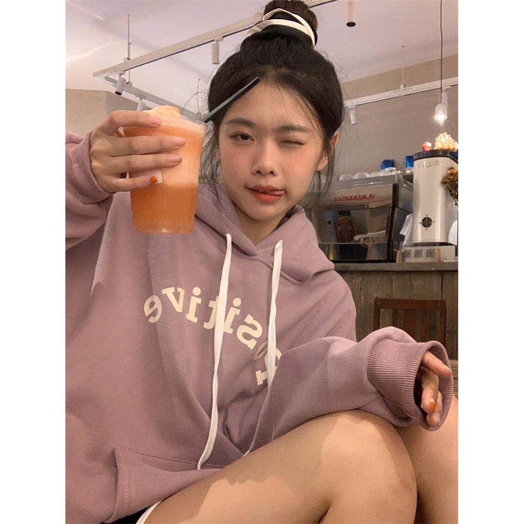 Áo hoodie nữ có mũ POSITIVE form rộng 2 màu xinh xắn/ Áo nỉ mặc thu đông tay bồng có túi trước trẻ trung_xuongmaythuhien | BigBuy360 - bigbuy360.vn