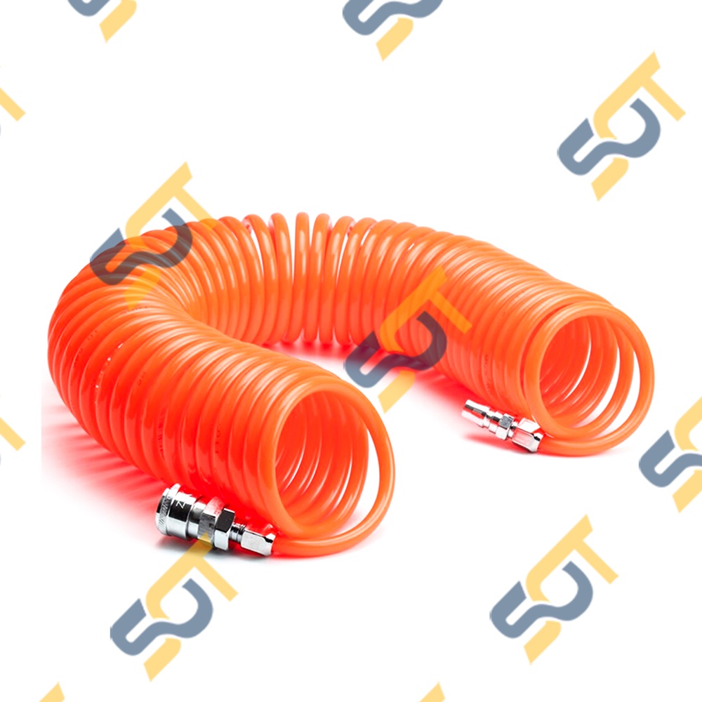 Dây hơi bơm xe, dây hơi khí nén hình dạng xoắn lò xò có gắn đầu ổ bi kết nối - Màu cam